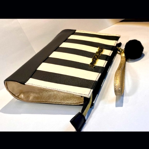 BETSEY JOHNSON BLACK CREAM STRIPED MAKEUP BAG CLUTCH PURSE BAG TOTE LARGE 1… - Picture 5 of 8